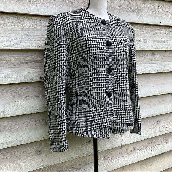 Vintage 80s Wool Blend Plaid Houndstooth Button Up Long Sleeve Collarless Blazer - Picture 2 of 16